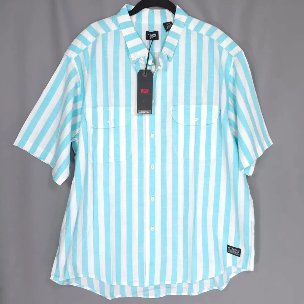 LEVI’S New Blue White Striped Button Shirt Two Horse Patch 100% Cotton Men LARGE